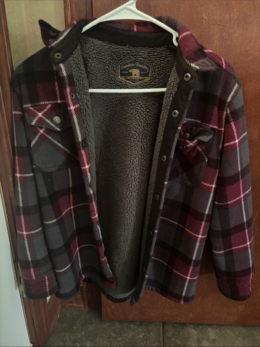 Plaid Sherpa-Lined Kid Jacket - Burgundy & Gray